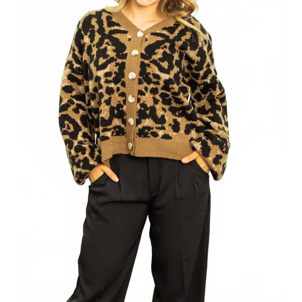 NEW GRACE + EMMA cropped cardigan sweater in leaopard